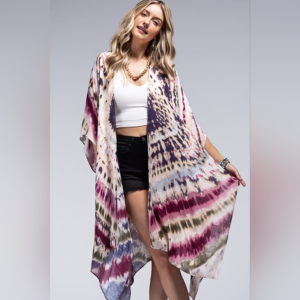 Tie-dye Kimono Maroon Multi Color Kimono / Swimsuit Coverup - Lightweight Silky - Picture 3 of 5